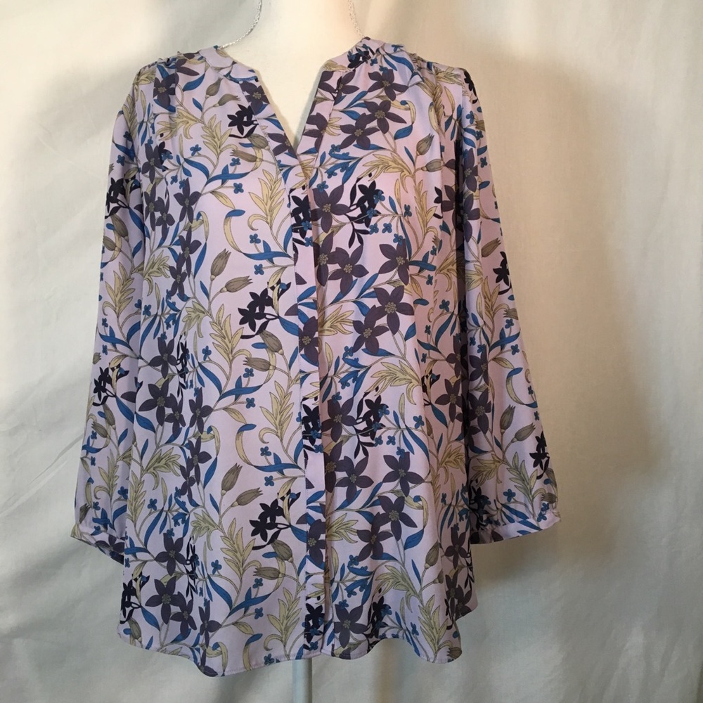 NYDJ button front back pleated purple print blouse